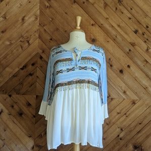 Umgee blue pattern blouse with accent beading
